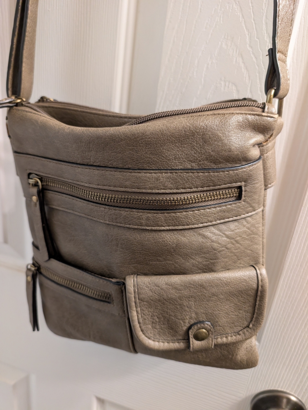 Compact Taupe Crossbody Bag with Front Pockets
